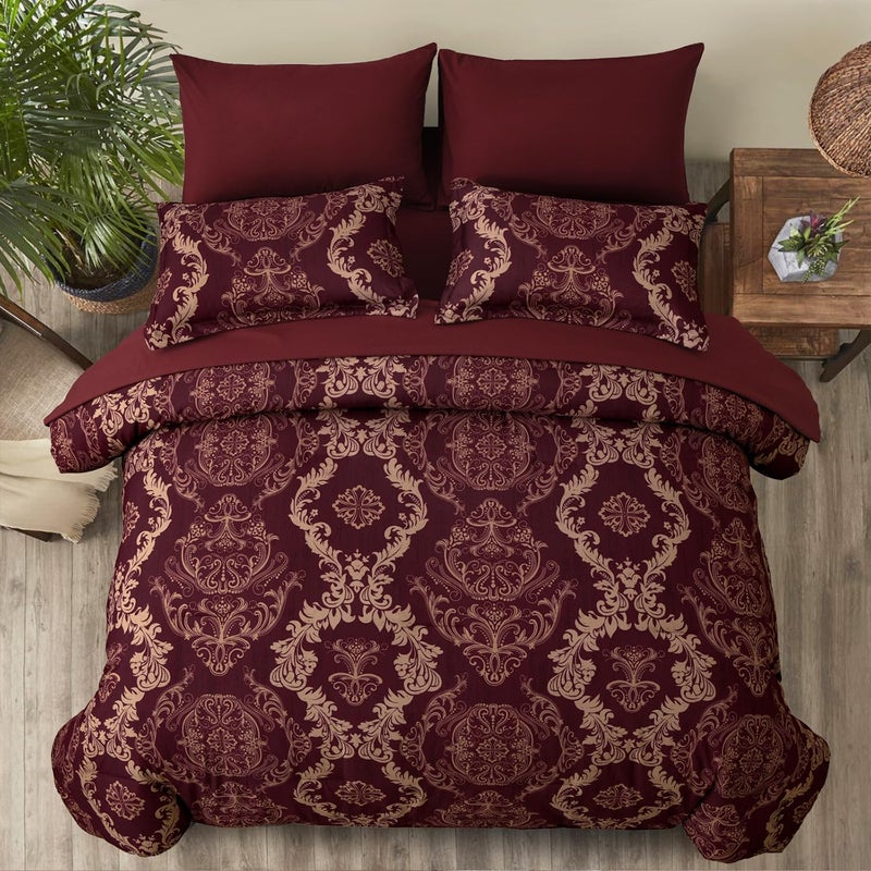 WONGS BEDDING Burgundy Comforter Set King Size  Maroon Damask Texture 7 Pieces Bed in a Bag Polyester Comforter Bedding Sets -1 Comforter  1 Flat Sheet  1 Fitted Sheet  2 Pillow Shams 2 Pillowcases - Image 3